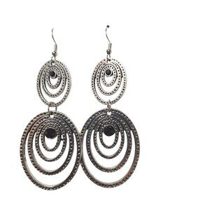 Silver Tone Oval Dangle Earrings Black Gem Accents
